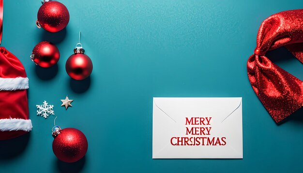 Christmas card concept Merry Christmas over blurred blue background with Santa Claus and red gift b