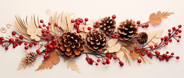 Christmas card decorated with pine cones and cranberries Generative AI