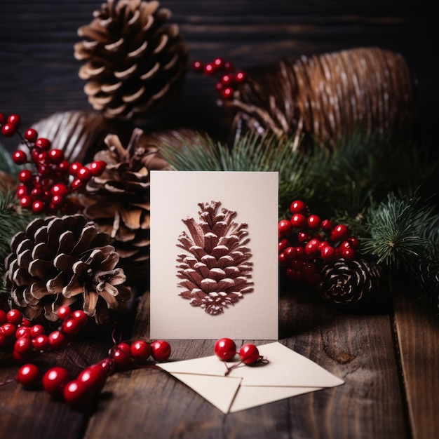 Christmas card decorated with pine cones and cranberries Generative AI