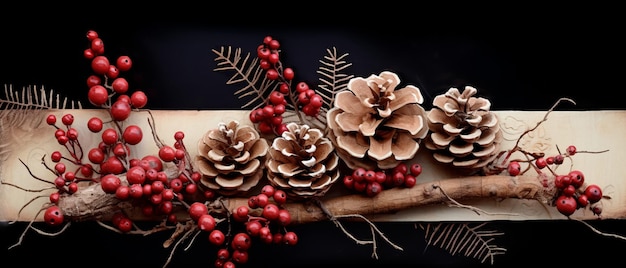 Christmas card decorated with pine cones and cranberries Generative AI