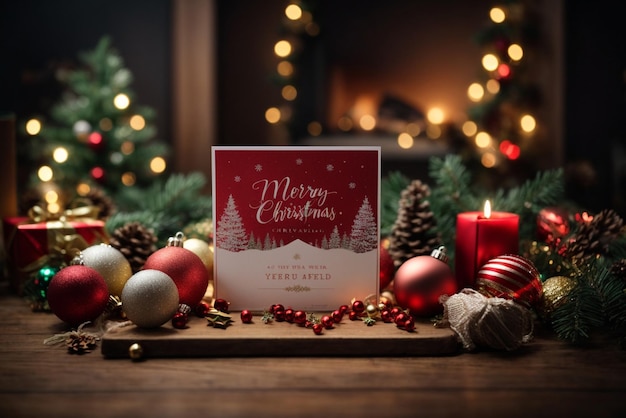 Photo christmas card design with christmas ornaments background design