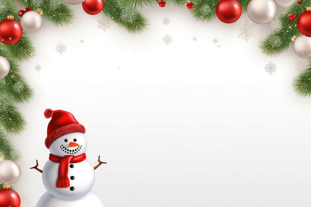 Дизайн рождественской открытки со снеговиком и елкой с красными елочными шарами