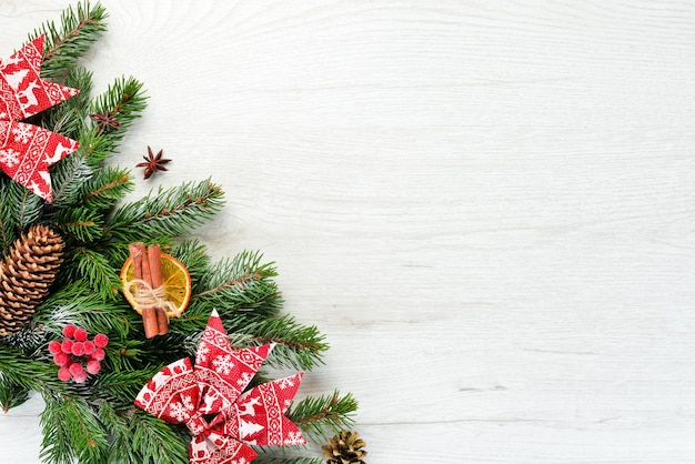 Christmas card Gift boxes Christmas tree and Christmas decorations on a white background Top view