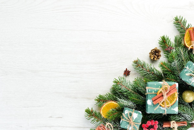 Christmas card Gift boxes Christmas tree and Christmas decorations on a white background Top view