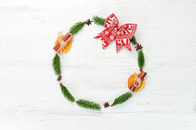 Christmas card Gift boxes Christmas tree and Christmas decorations on a white background Top view