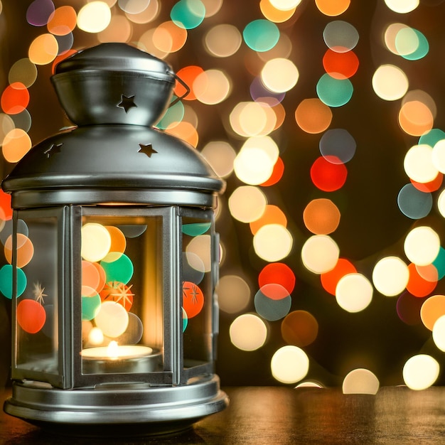 Christmas card lantern with candles and blurry lights in the background