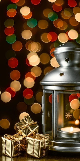 Photo christmas card a lantern with candles bright shiny boxes with gifts and blurry lights