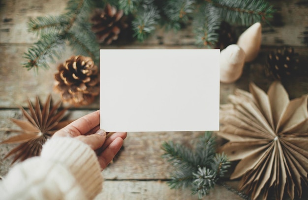 Christmas card mock up Hand holding empty greeting card at christmas paper stars wooden tree pine