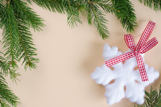 Christmas card . Snowflake and branches of spruce on pastel . copyspace. Frame composition