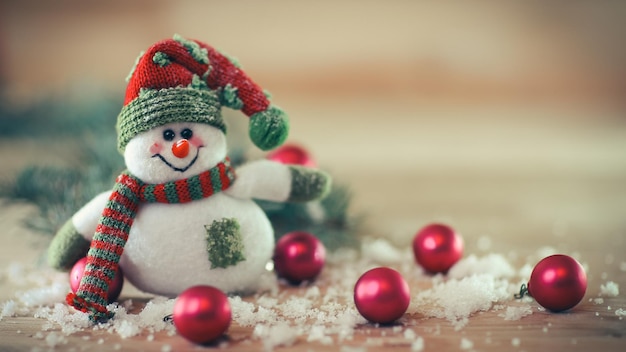 Christmas card toy snowman on a festive background