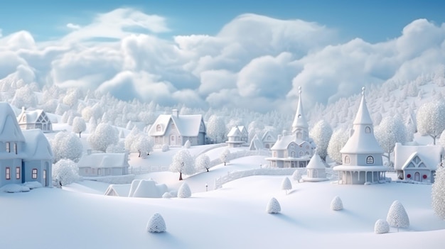 Рождественская открытка деревенские дома зимой снежный пейзаж снежинки падают с неба