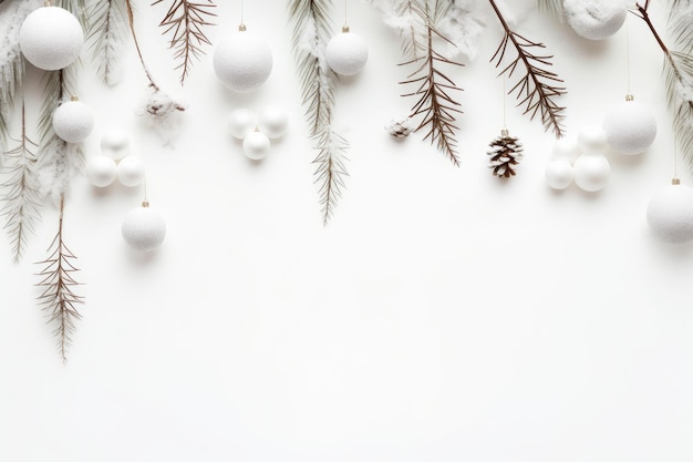 Фото Рождественская открытка с заснеженной веткой с украшением на белом фоне generative ai