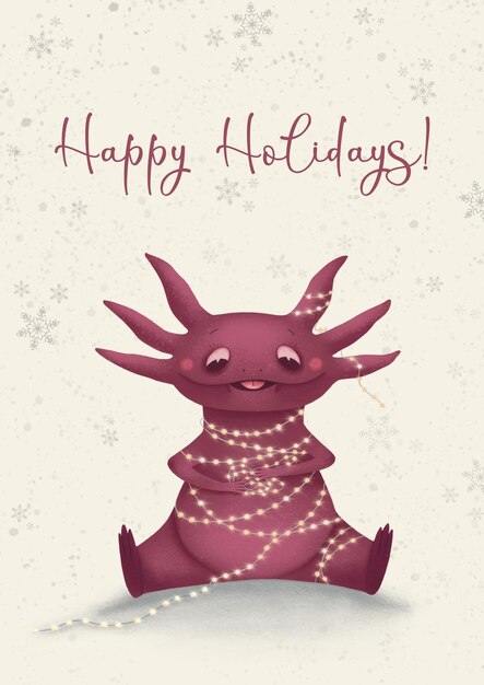 Foto cartolina di natale con carattere axolotl su sfondo chiaro per biglietti di auguri, regali, poster