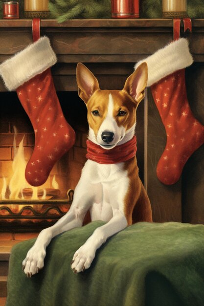 사진 배경에 바센지 개와 함께 크리스마스 카드 xmas 소스 벽난로에 편안한 휴가