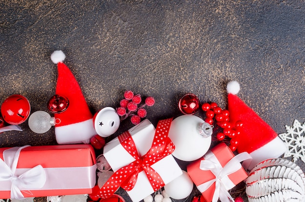 Photo christmas card with beautiful red and white decorations