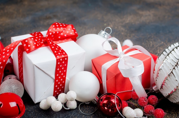 Christmas card with beautiful red and white decorations