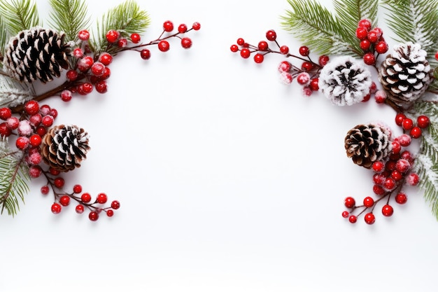 Рождественская открытка с красивым натуральным декором Сосновые шишки, красные ягоды и ветки сосны Generative AI