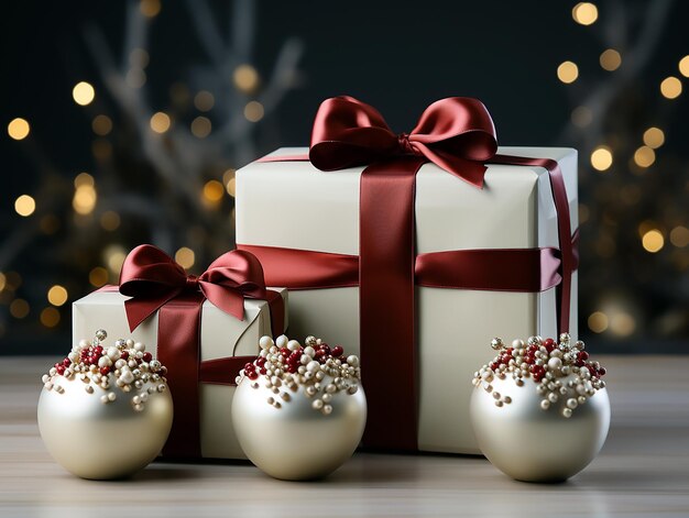 a christmas card with a box of christmas ornaments and a christmas tree in the background.