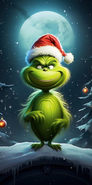 a christmas card with a cartoon green monster in a hat