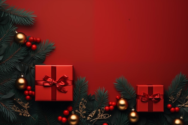 Photo a christmas card with christmas boxes and foliage on the red background