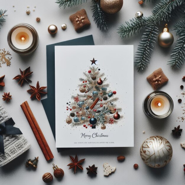 Фото Рождественская открытка с рождественскими украшениями на заднем плане