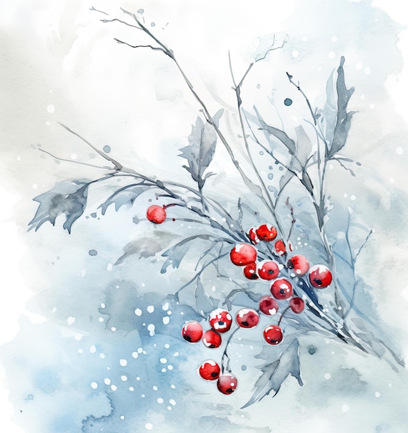 Christmas card with christmas tree branches and winter berries Illustration AI GenerativexA