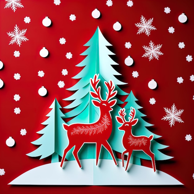 christmas card with christmas tree gift and deerchristmas greeting card with paper christmas tree