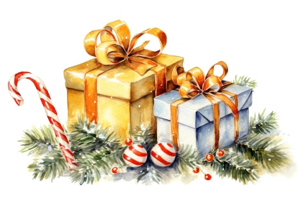 рождественская открытка с рождественской елкой и подарками