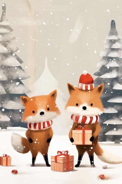 Christmas card with cute foxes holding gift boxes