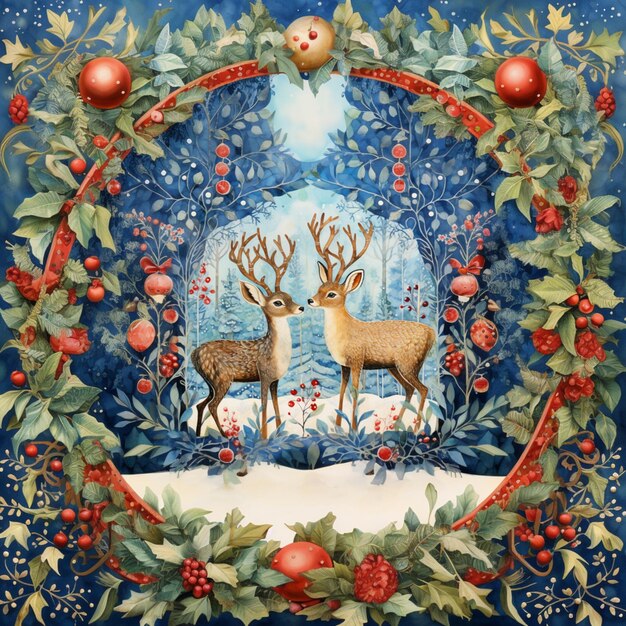 A christmas card with a deer and a snowman in the background.