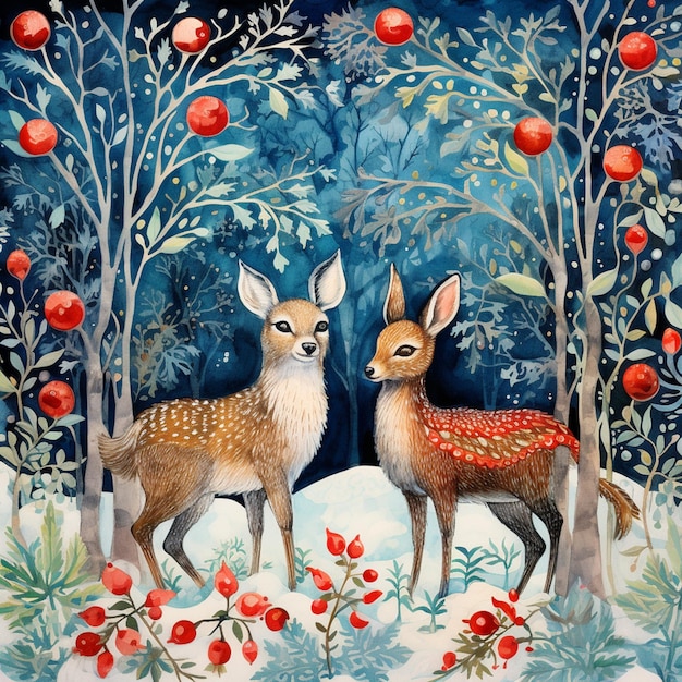 A christmas card with a deer and a snowman in the background.