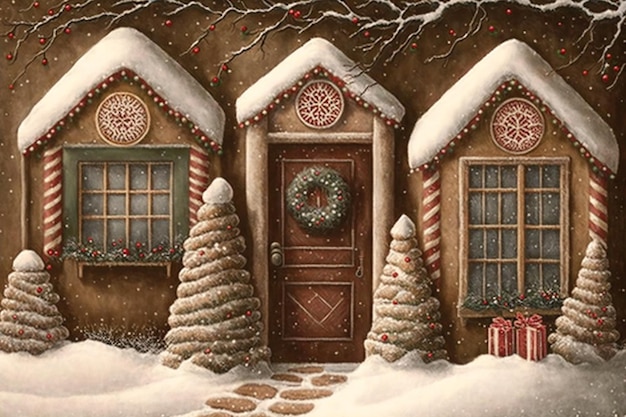 A christmas card with a door and christmas tree in the snow.