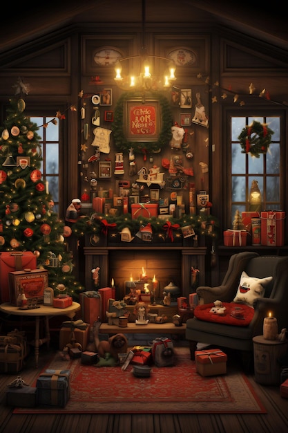 christmas card with a fireplace and a christmas tree