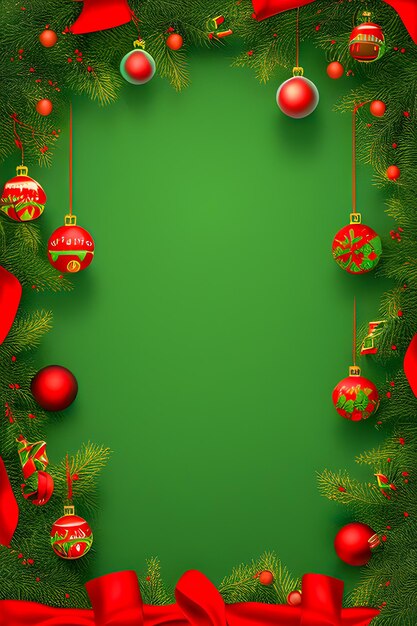 christmas card with a frame of ornaments and a green background