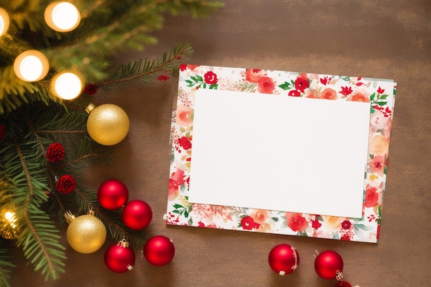 Foto una cartolina di natale con una cornice per una foto di un albero di natale e decorazioni natalizie