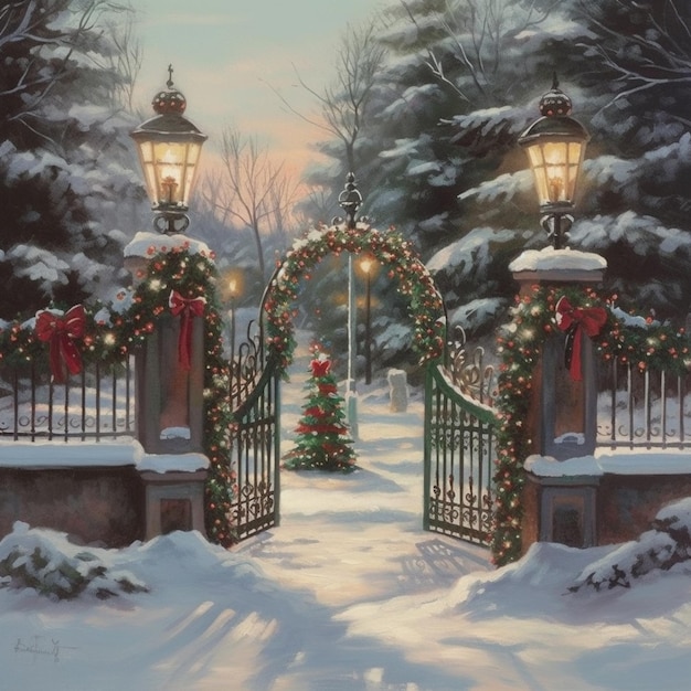 A christmas card with a gate and christmas tree in the background.