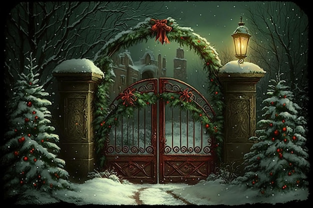 A christmas card with a gate and a red wreath on it.