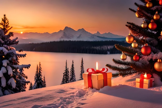 a christmas card with a gift in front of a lake and a christmas tree with a beautiful sunset in the background.