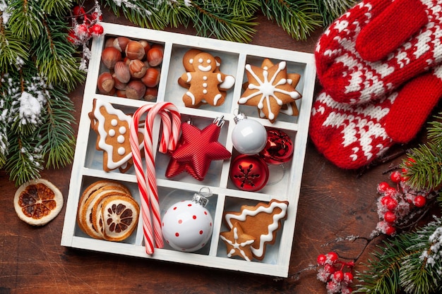 Christmas card with gingerbread cookies and decor