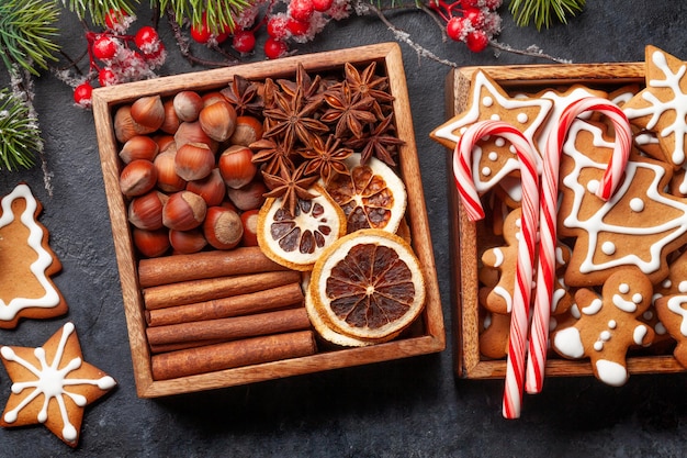 Christmas card with gingerbread cookies and spices