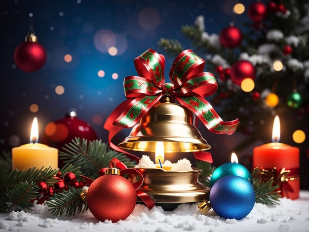 写真 金色の鐘の緑のモミの木の雪の結晶のクリスマス カード