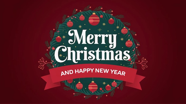 a christmas card with a green background with a red ribbon and a christmas tree