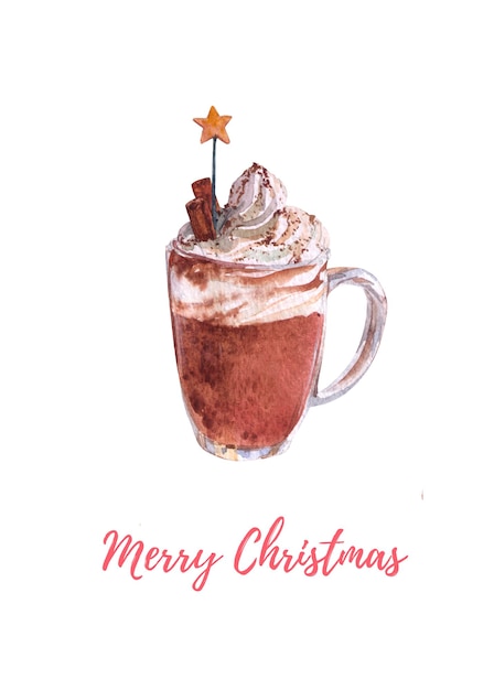 Photo christmas card with hand drawn watercolor coffee drink in a transparent cup