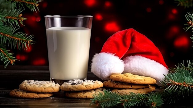 Photo christmas card with milk cookies and santa claus hat