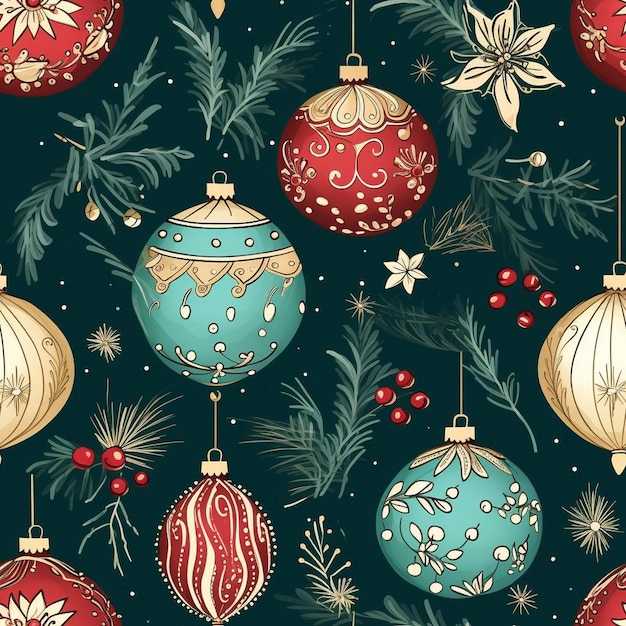 A christmas card with ornaments and decorations on a dark background.