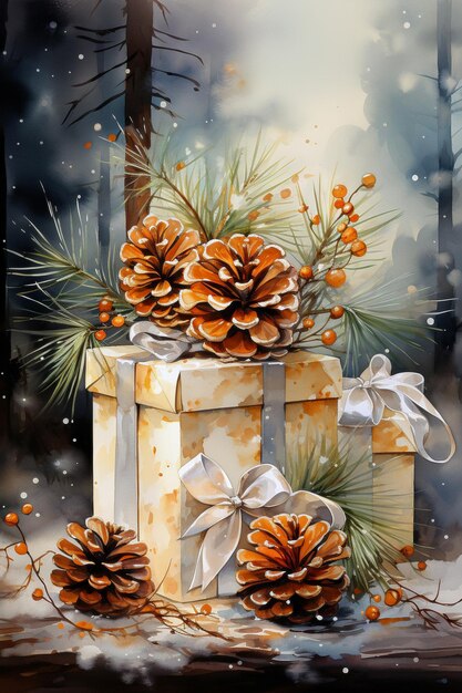 Photo christmas card with pine cones and gift box watercolor painting