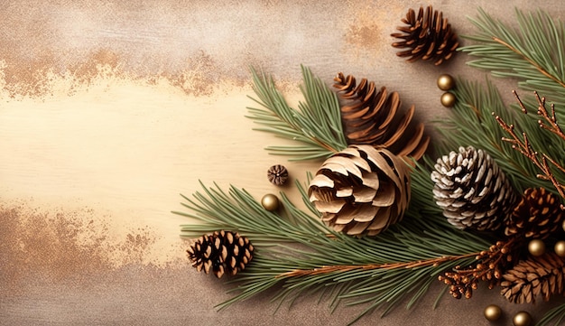 A christmas card with pine cones and pine cones on a brown background
