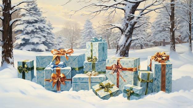 Christmas card with presents in the snow