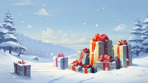 A christmas card with presents on the snow