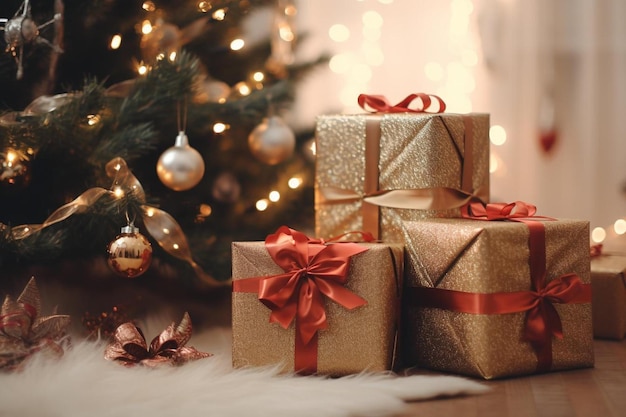 Рождественская открытка с подарками на столе и елка на заднем плане.